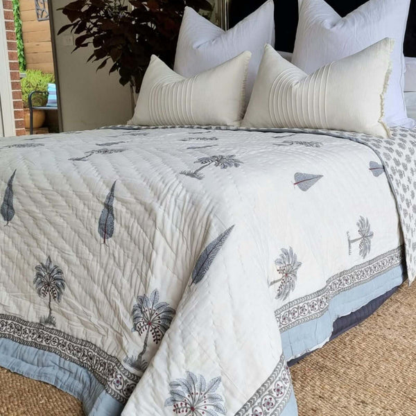 Kolka Palm Pine Cotton Reversible Comforter Bedspread Coverlet Blue King Size