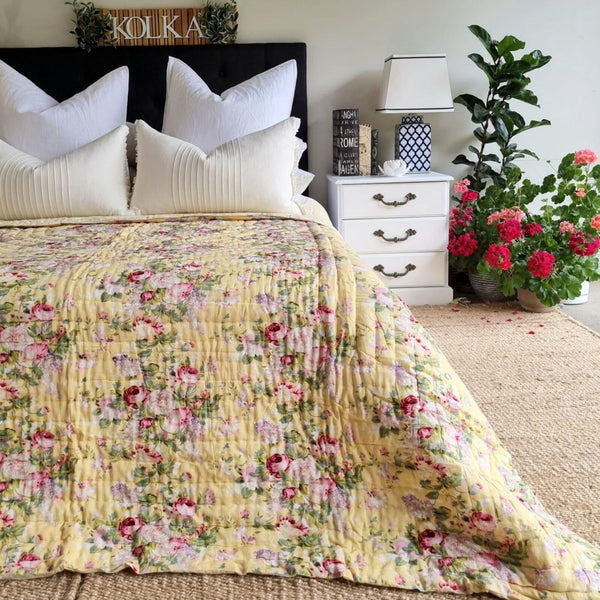 English Rose Reversible Comforter Beadspread Quilt Yellow King 228 x 274cm