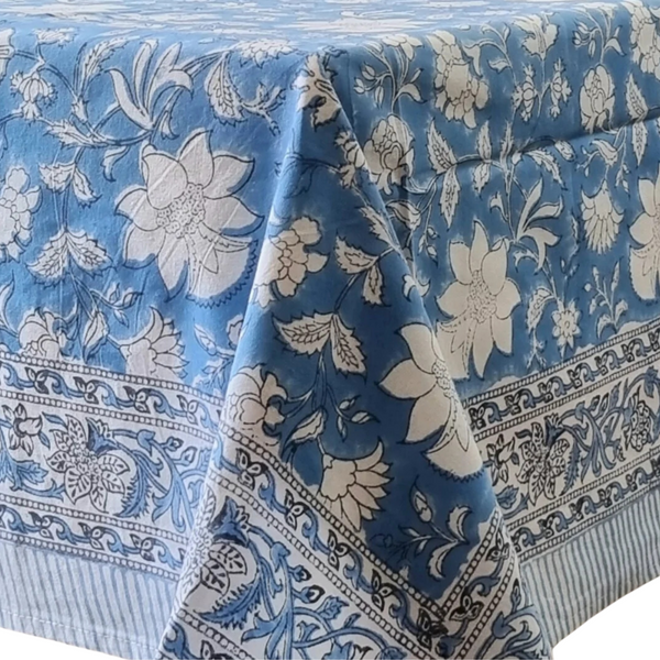 Blue Bellflower Block Printed Rectangular Tablecloth Table Cover 6 Seater