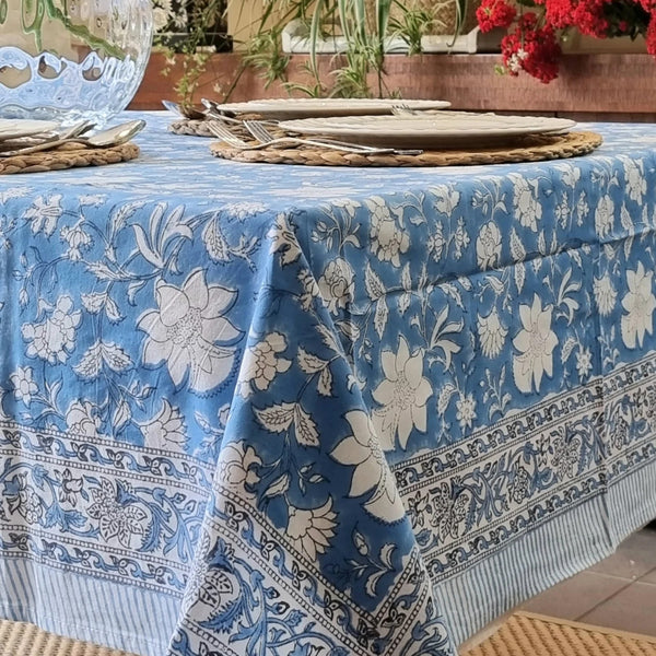 Blue Bellflower Block Printed Rectangular Tablecloth Table Cover 6 Seater