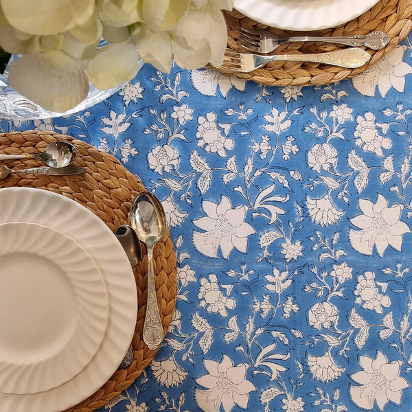 Blue Bellflower Block Printed Rectangular Tablecloth Table Cover 6 Seater