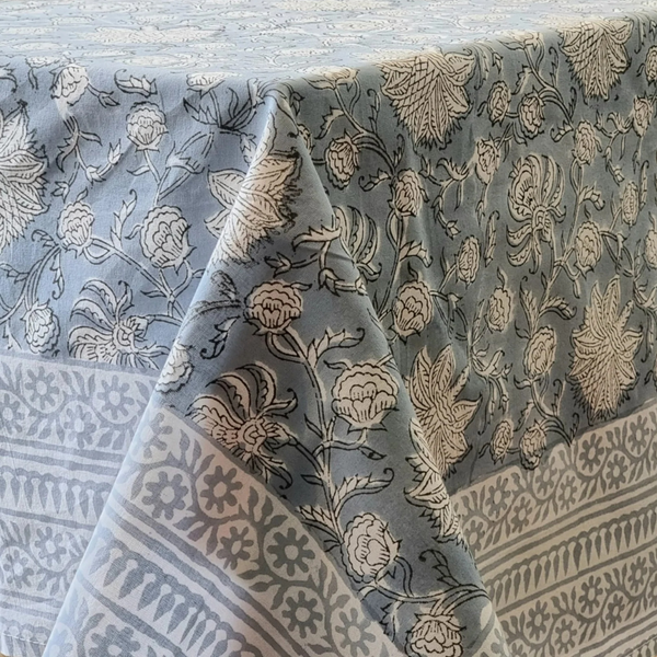 Blue Floral Block Printed Rectangular Tablecloth Table Cover 6 Seater