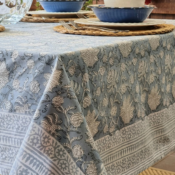 Blue Floral Block Printed Rectangular Tablecloth Table Cover 6 Seater