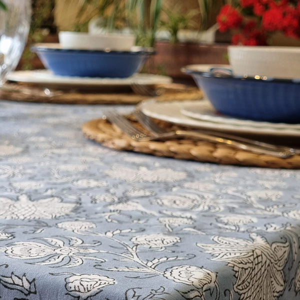 Blue Floral Block Printed Rectangular Tablecloth Table Cover 6 Seater
