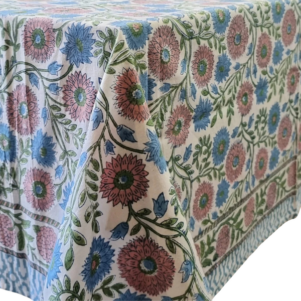 Kolka Kumudani Hand Block Printed Tablecloth Rectangular 6 Seater Pink Blue