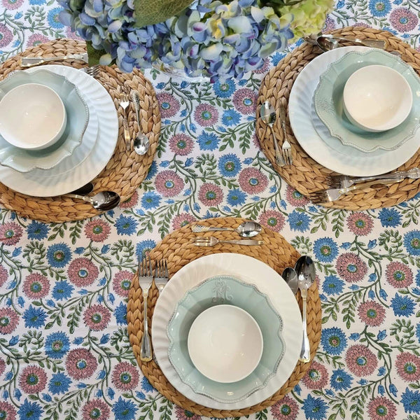 Kolka Kumudani Hand Block Printed Tablecloth Rectangular 6 Seater Pink Blue