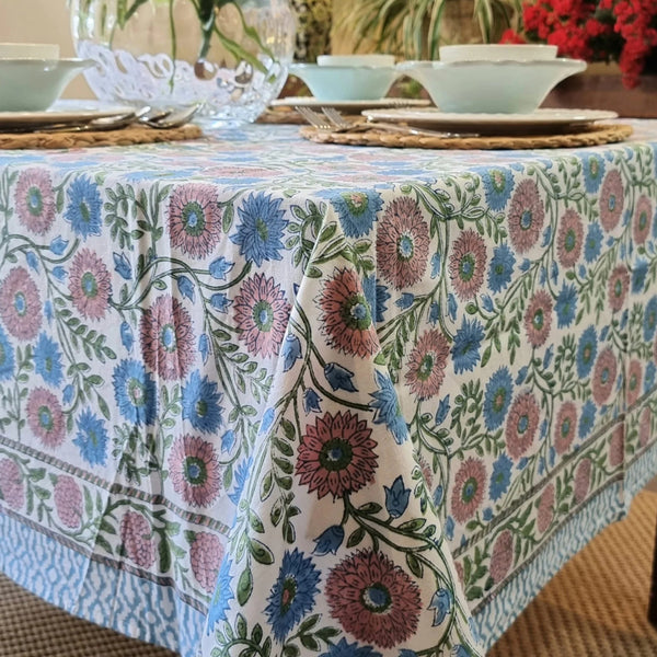 Kolka Kumudani Hand Block Printed Tablecloth Rectangular 6 Seater Pink Blue