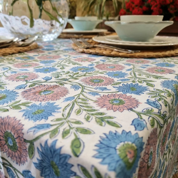 Kolka Kumudani Hand Block Printed Tablecloth Rectangular 6 Seater Pink Blue