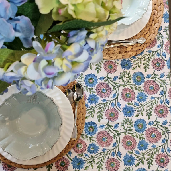 Kolka Kumudani Hand Block Printed Tablecloth Rectangular 6 Seater Pink Blue