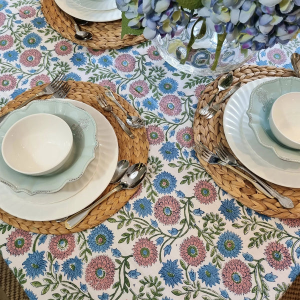 Kolka Kumudani Hand Block Printed Tablecloth Rectangular 6 Seater Pink Blue