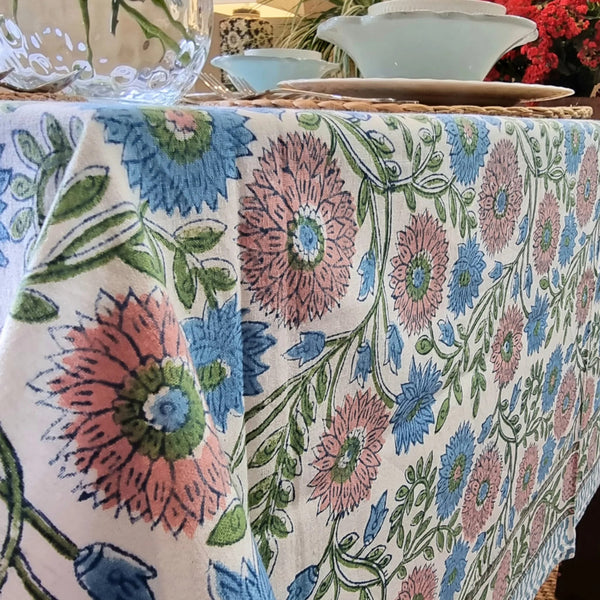 Kolka Kumudani Hand Block Printed Tablecloth Rectangular 6 Seater Pink Blue