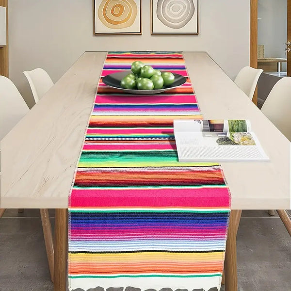 Rainbow Table Cloth Runner Stripe w/ Tassel Mexican Tablecloth Wedding Party Decor
