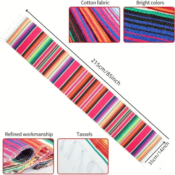 Rainbow Table Cloth Runner Stripe w/ Tassel Mexican Tablecloth Wedding Party Decor