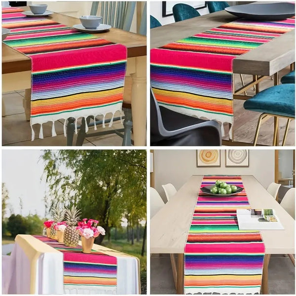 Rainbow Table Cloth Runner Stripe w/ Tassel Mexican Tablecloth Wedding Party Decor