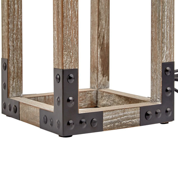 Pine Wooden Geometric Side End Coffee Table Lamp Light Black Linen Shade