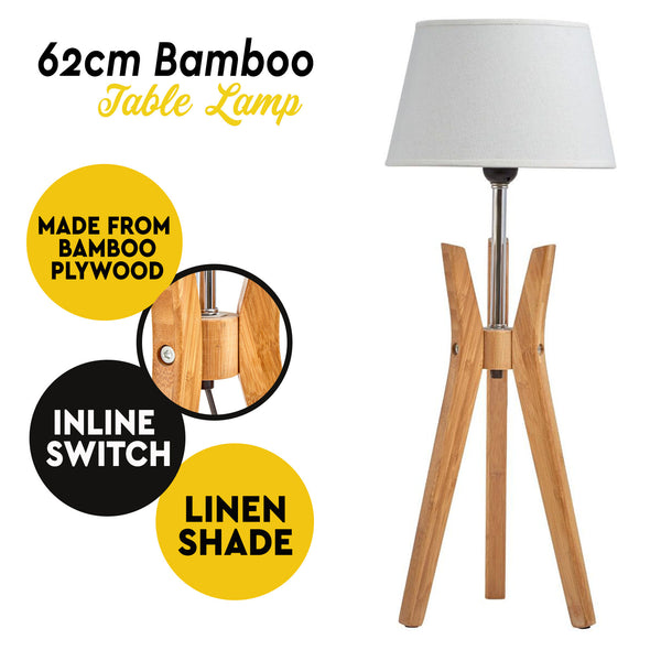 Bamboo Tripod Table Desk End Side Lamp Light Modern White Linen Shade