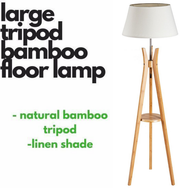 Large Tripod Floor Lamp Light Linen Shade Modern Bamboo Vintage Wooden Retro