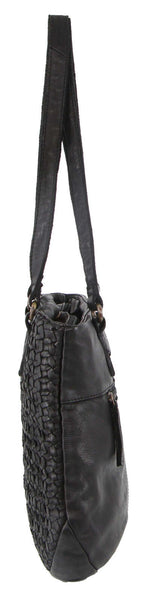 Pierre Cardin Womens Woven Leather Shoulder Bag Handbag Black