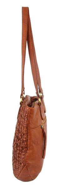 Pierre Cardin Womens Woven Leather Shoulder Bag Handbag Cognac