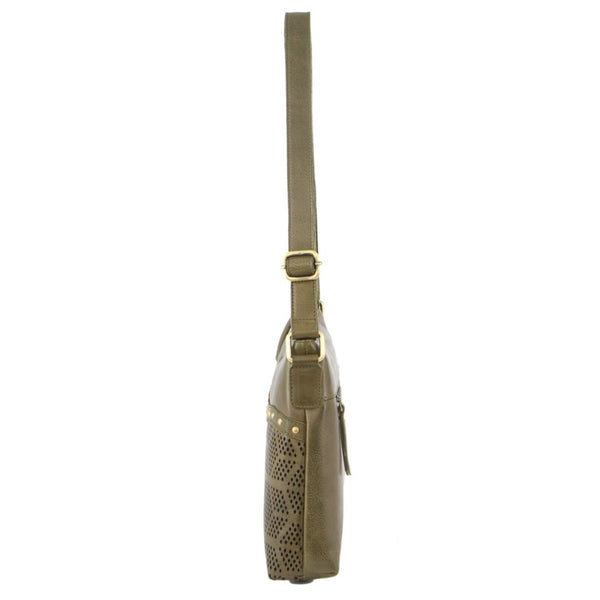 Pierre Cardin Womens Leather Perforated Rivets Crossbody Bag Handbag Olive