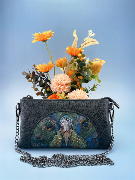 Womens Genuine Leather Embossed Peacock Wrist Clutch Bag Handbag Blue