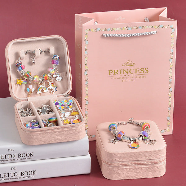 66 Pce DIY Charm Bracelet Making Kit Beads Flowers Stars Storage Box Rainbow