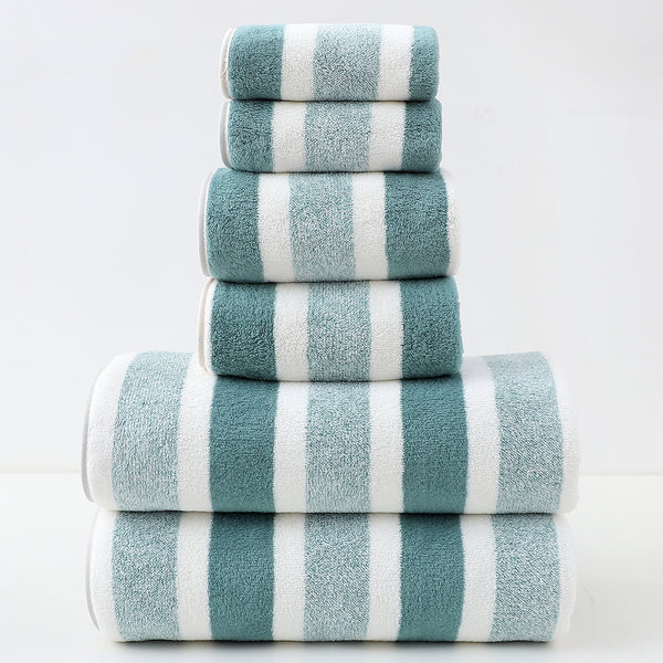 6 Pce Luxury Cotton Wide Striped Hand Bath Towel Washcloth Facecloth Set Blue
