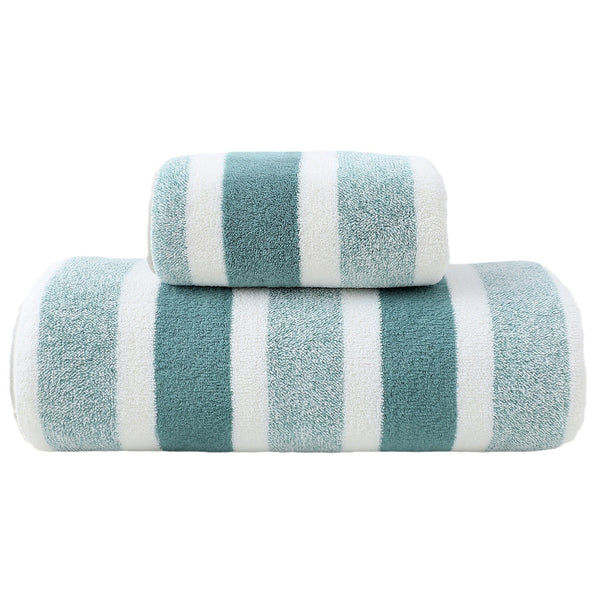 6 Pce Luxury Cotton Wide Striped Hand Bath Towel Washcloth Facecloth Set Blue