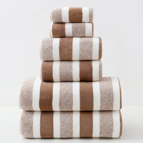 6 Pce Luxury Cotton Wide Striped Hand Bath Towel Washcloth Facecloth Set Brown