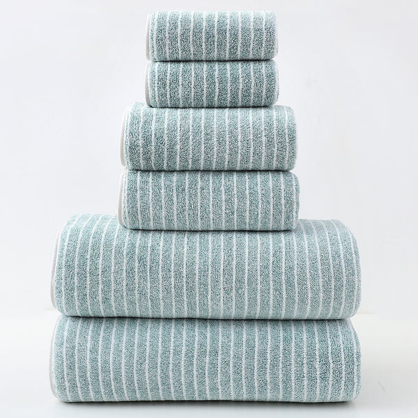 6 Pce Luxury Cotton Striped Hand Bath Towel Washcloth Facecloth Set Blue