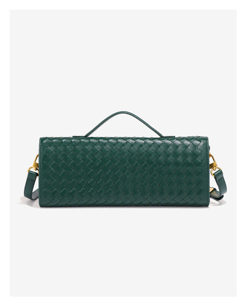 Faux PU Leather Woven Baguette Clutch Shoulder Crossbody Bag Handbag Deep Green