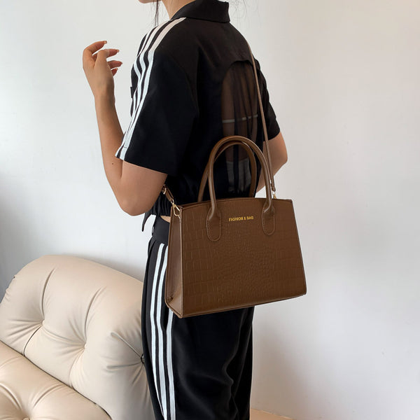 Faux PU Leather Crocodile Pattern Tote Shoulder Crossbody Bag Handbag Brown