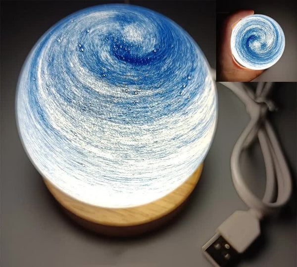 LED Planet Sphere Bedside Table Night Light Lamp Wooden Base USB Blue