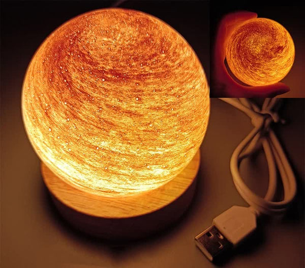 LED Planet Sphere Bedside Table Night Light Lamp Wooden Base USB Orange
