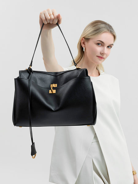 PU Leather Shoulder Bag Handbag Gold Accents Top Handle Black