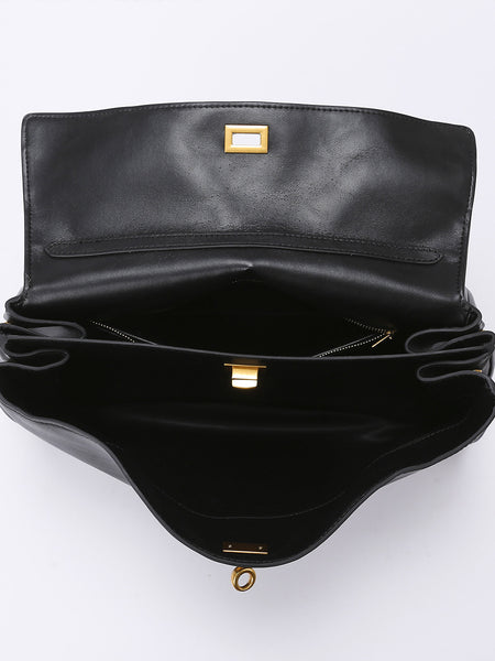 PU Leather Shoulder Bag Handbag Gold Accents Top Handle Black
