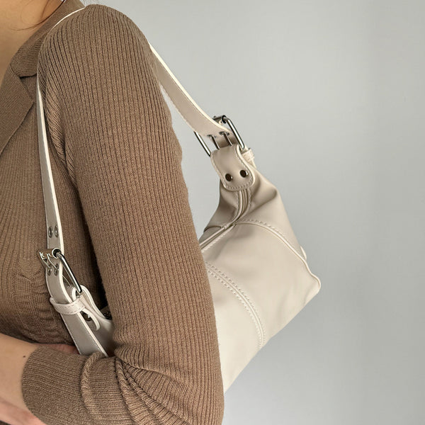 Faux PU Leather Underarm Shoulder Bag Handbag Compact Multi Pocket Off White