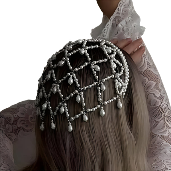Bohemian Faux Pearl Net Headband Mesh Hair Accessory Hairpiece Bridal Wedding Silver