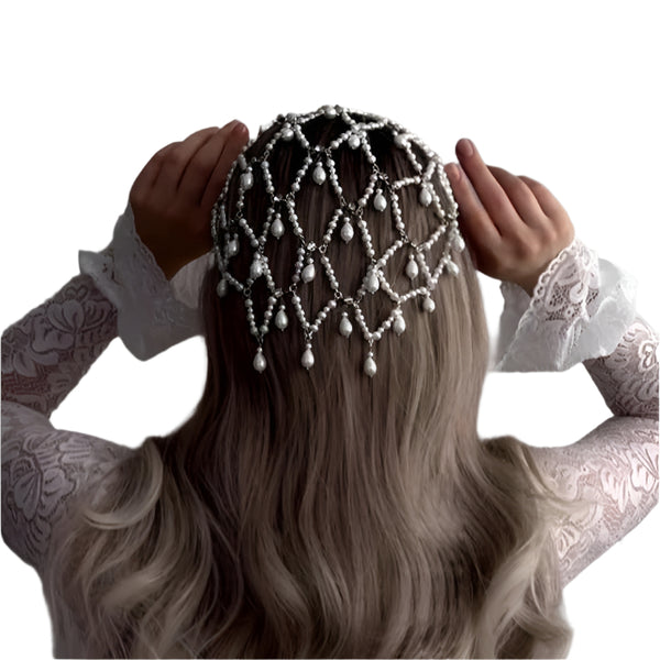 Bohemian Faux Pearl Net Headband Mesh Hair Accessory Hairpiece Bridal Wedding Silver