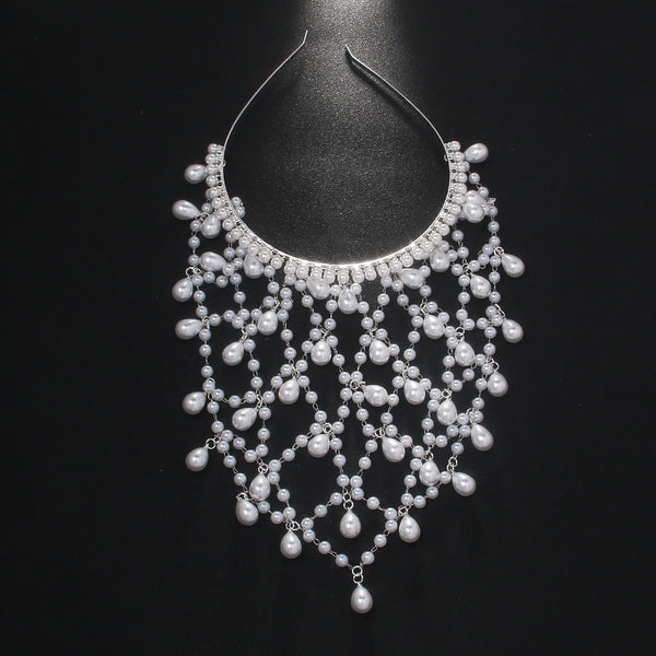 Bohemian Faux Pearl Net Headband Mesh Hair Accessory Hairpiece Bridal Wedding Silver