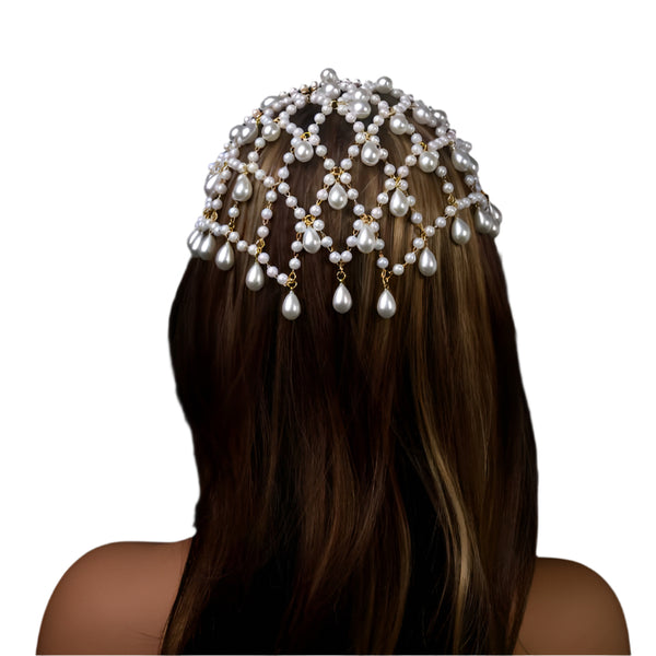 Bohemian Faux Pearl Net Headband Mesh Hair Accessory Hairpiece Bridal Wedding Gold