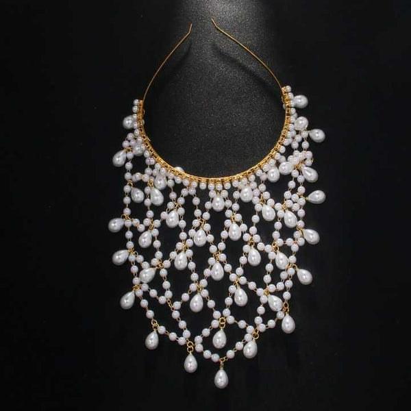 Bohemian Faux Pearl Net Headband Mesh Hair Accessory Hairpiece Bridal Wedding Gold