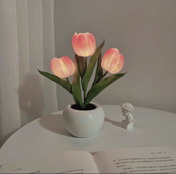 Tulip Flowers Ceramic Pot USB Bedside Table Night Light Lamp 20cm Pink