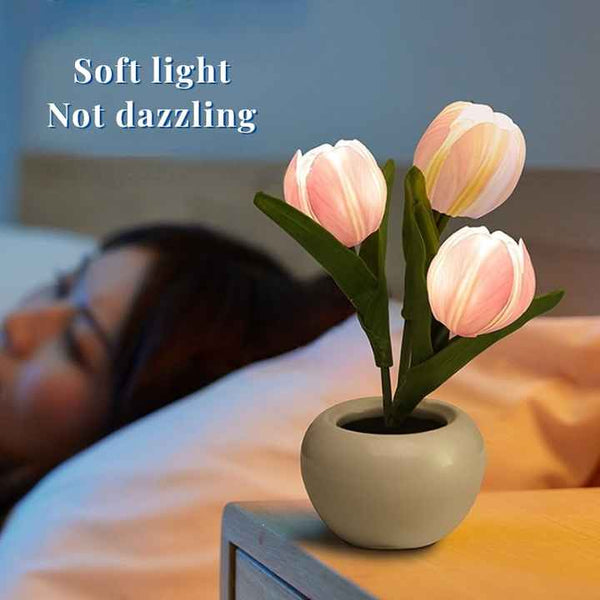 Tulip Flowers Ceramic Pot USB Bedside Table Night Light Lamp 20cm Pink
