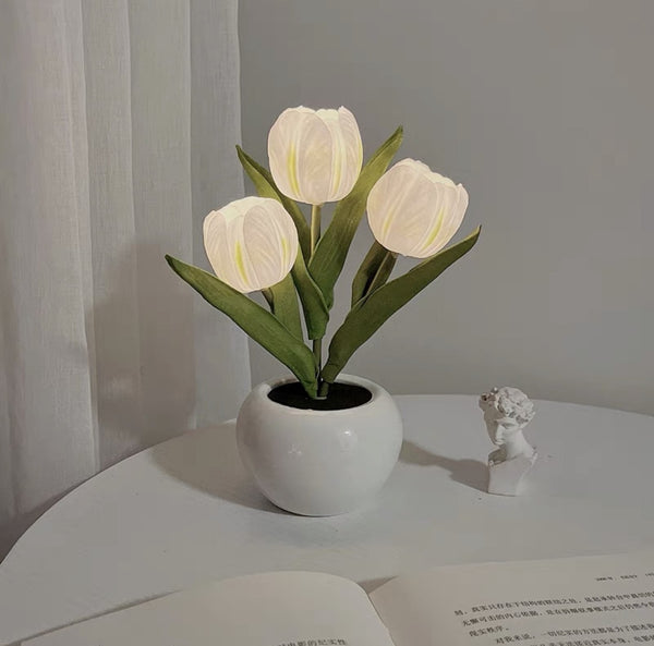 Tulip Flowers Ceramic Pot USB Bedside Table Night Light Lamp 20cm White