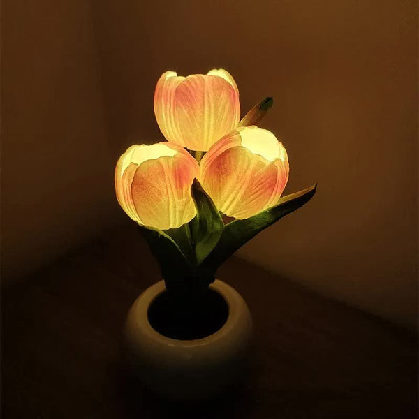 Tulip Flowers Ceramic Pot USB Bedside Table Night Light Lamp 20cm Orange