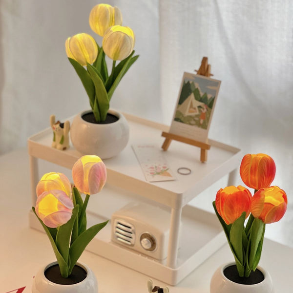 Tulip Flowers Ceramic Pot USB Bedside Table Night Light Lamp 20cm Orange
