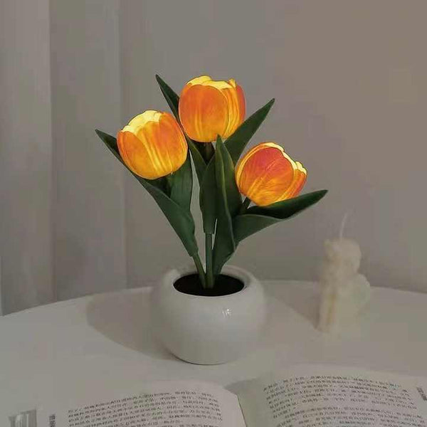 Tulip Flowers Ceramic Pot USB Bedside Table Night Light Lamp 20cm Orange