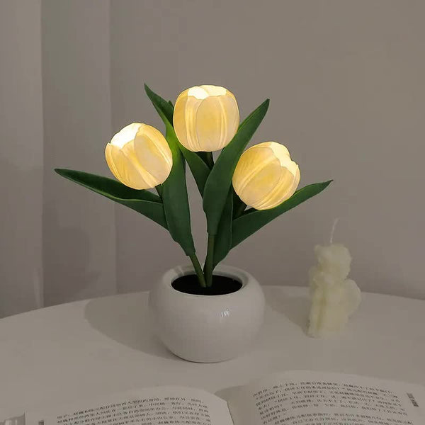 Tulip Flowers Ceramic Pot USB Bedside Table Night Light Lamp 20cm Yellow