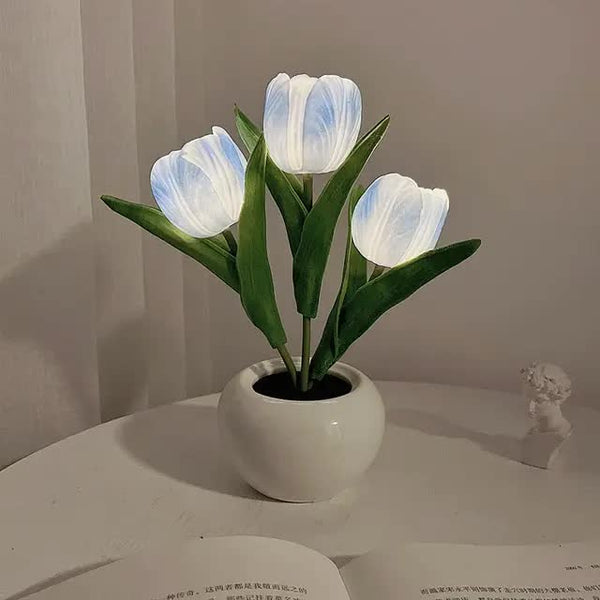 Tulip Flowers Ceramic Pot USB Bedside Table Night Light Lamp 20cm Blue